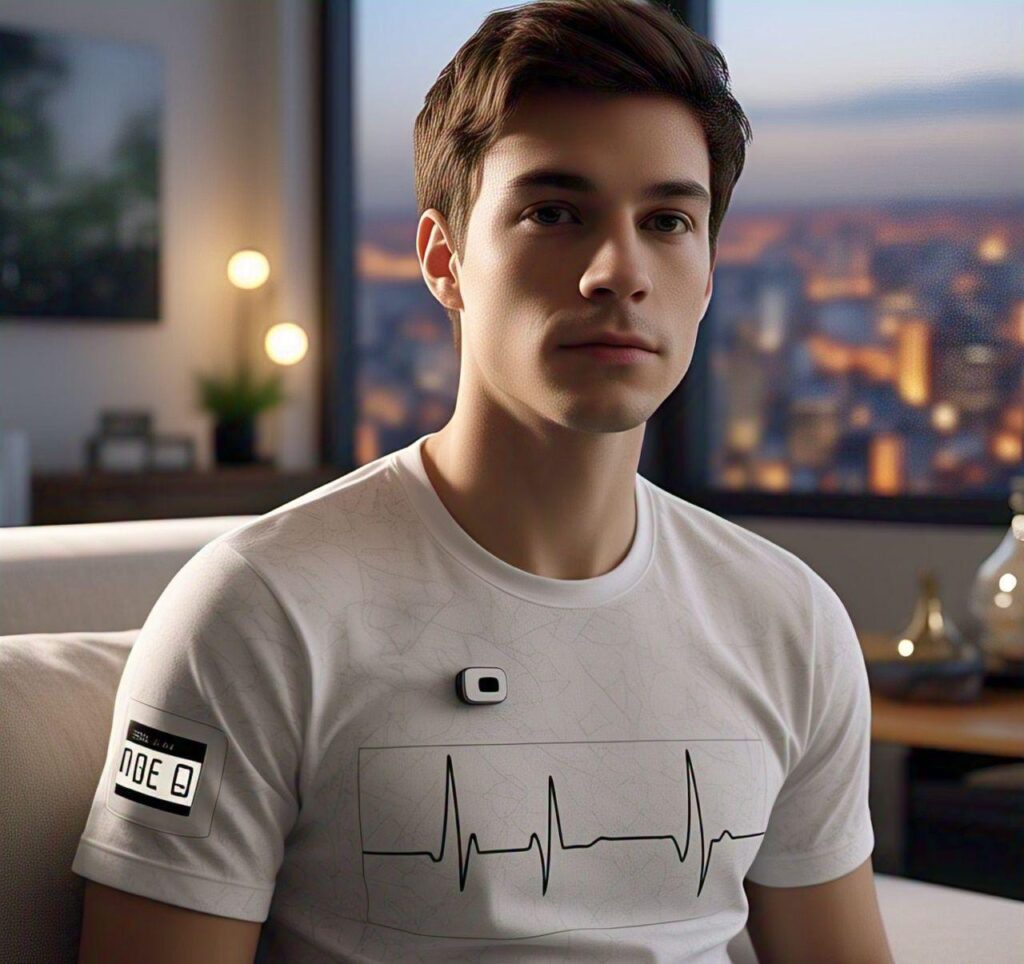 A smart shirt with embedded ECG wearable sensors – monitoring heart rate in real time.