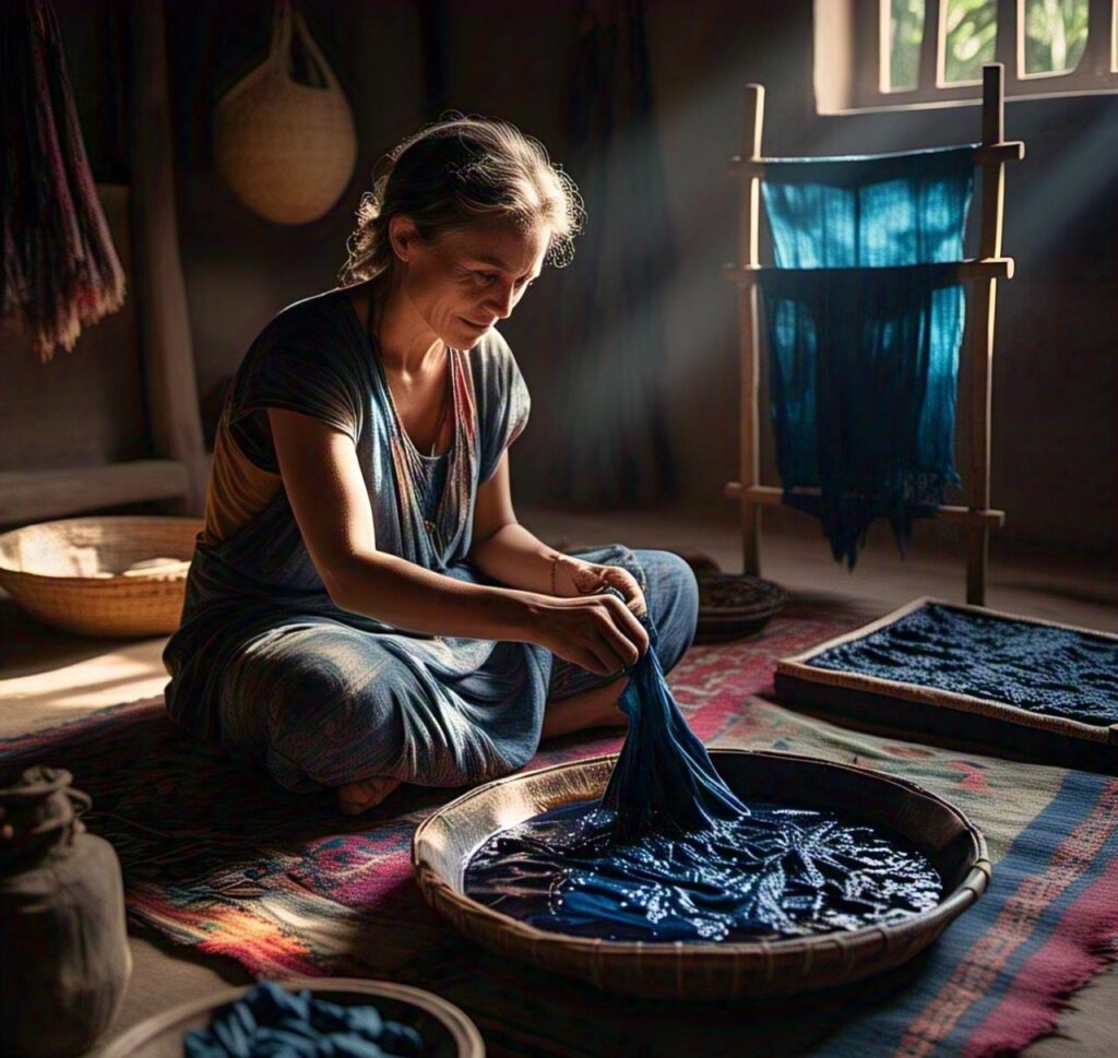 natural textile dyeing process, showcasing indigo plants and textiles